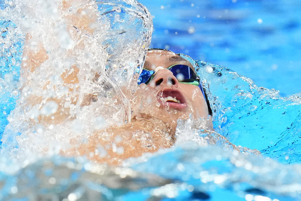 Hugo Gonzalez of Spain competes in the men's 200-meter Individual medley heat at the World Aquatics Championships in Doha, Qatar, Wednesday, Feb. 14, 2024. (AP Photo/Hassan Ammar)