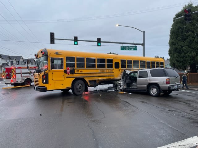 A crash involving an SUV and a school bus on Wednesday, Jan. 24, 2024. (Credit: Vancouver PD)