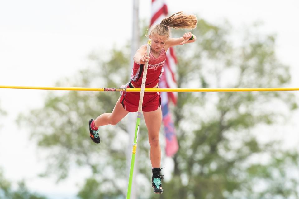 Bermudian Springs' Lilyana Carlson clears the crossbar as she competes to the bronze medal (11-6) in the 2A girls' pole vault at the PIAA Track and Field Championships at Shippensburg University on Saturday, May 28, 2022. 