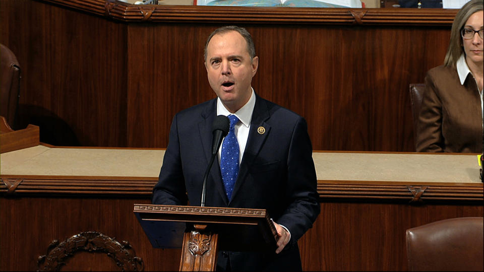 House Intelligence Committee Chairman Adam Schiff, D-Calif., speaks as the House of Representatives debates the articles of impeachment against President Donald Trump at the Capitol in Washington, Wednesday, Dec. 18, 2019. (House Television via AP)