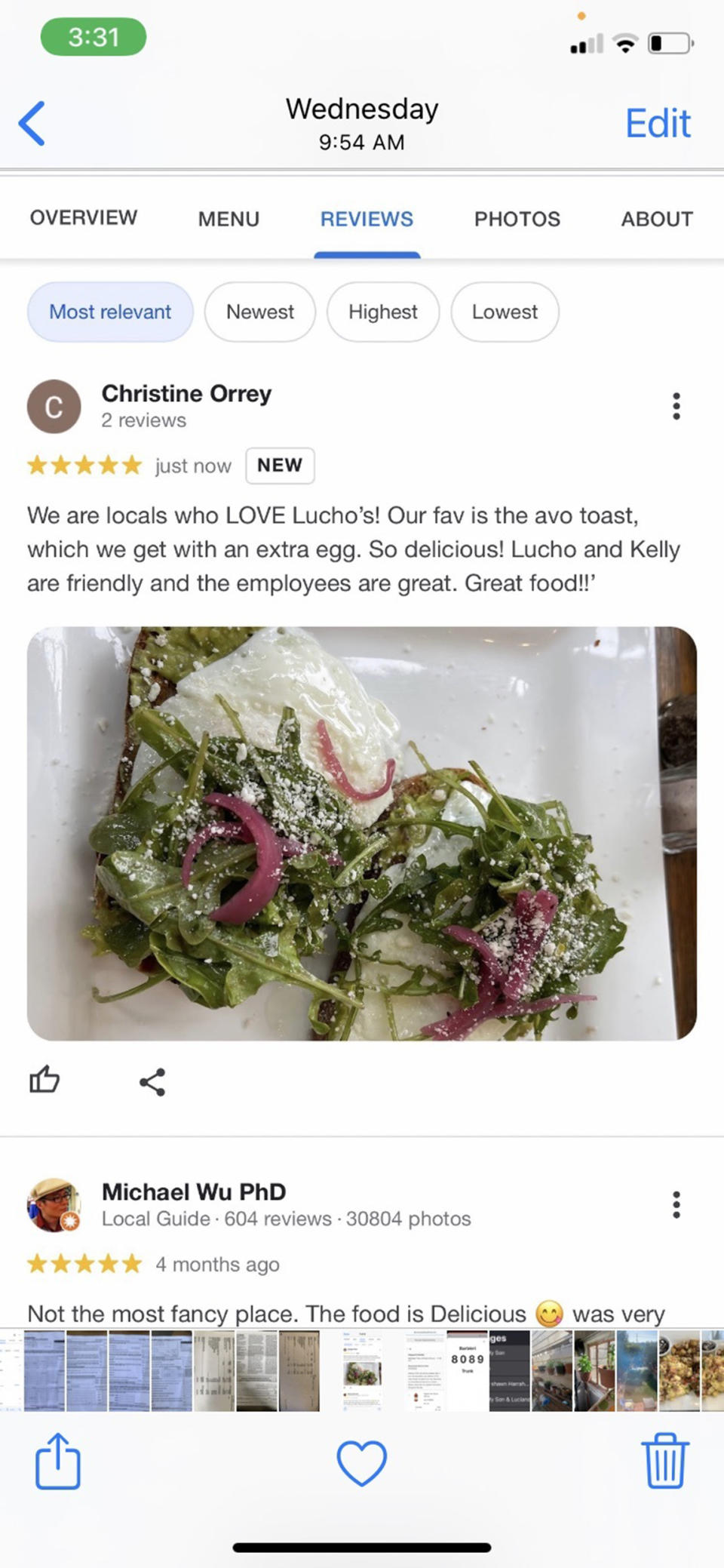 A recent review for restaurant Lucho's that no longer appears on Google. (Courtesy Kelly Barbieri / Luchos)