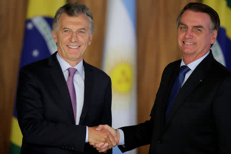 Argentina's President Mauricio Macri shakes hands with Brazil's President Jair Bolsonaro during a meeting in Brasilia, Brazil January 16, 2019. REUTERS/Ueslei Marcelino