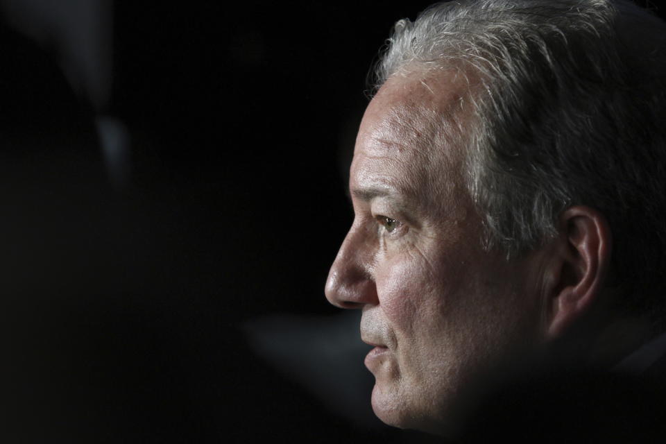 New Jersey Devils general manager Ray Shero speaks to media during the second day of the NHL hockey draft in Vancouver, British Columbia, Saturday, June 22, 2019. (Chad Hipolito/The Canadian Press via AP)