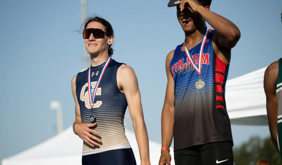 Central Catholic’s Zachary Early, left, placed second in the 400 meter race at the CIF Sac-Joaquin Section Masters Track Championship at Davis High School in Davis, Calif., Saturday, May 18, 2024.