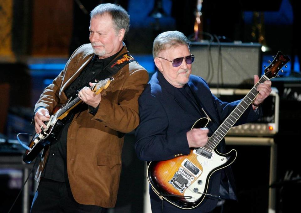 Bob Spalding, left, and Don Wilson of The Ventures perform at the Rock and Roll Hall of Fame Induction Ceremony in New York, Monday, March 10, 2008. The Ventures are among the acts being inducted into the Hall of Fame. (AP Photo/Jason DeCrow) ORG XMIT: NYHA113