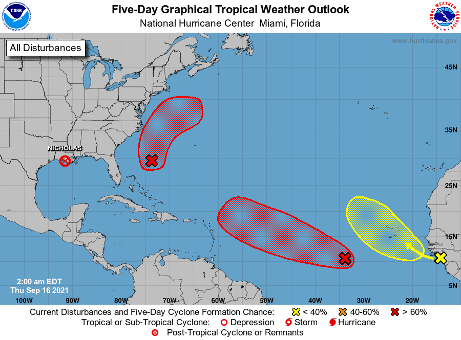 Tropical outlook for the Atlantic Basin as of 2 a.m. Thursday, Sept. 16, 2021.