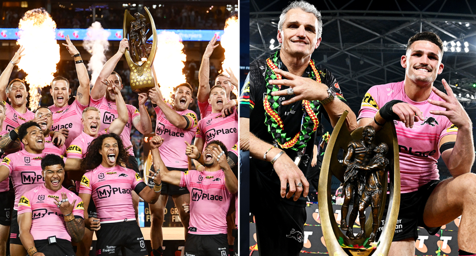 Pictured left Panthers celebrate NRL win and right Nathan and Ivan Cleary