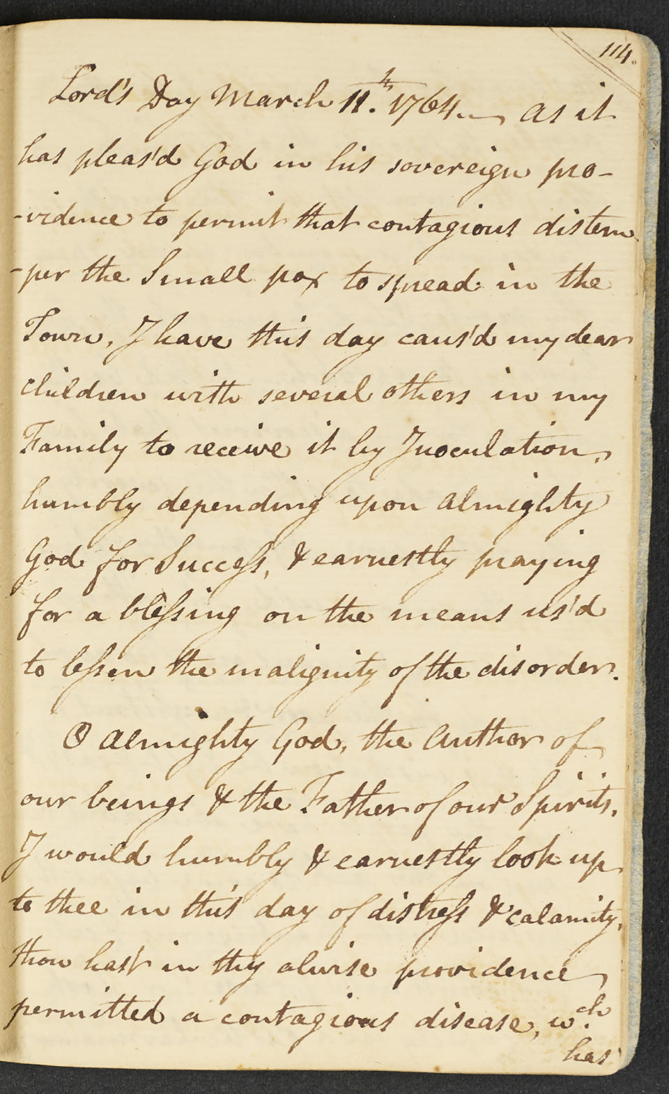 In this image provided by the American Ancestors & New England Historic Genealogical Society, a digitized copy of a page from a handwritten 18th century diary by the Rev. Ebenezer Storer, during a period of smallpox, in Boston, shows a March 1764 entry that includes a prayer Storer wrote after arranging to have his own children inoculated. In the prayer, Storer praises the discovery of means used in the late 18th century to treat the disease. (American Ancestors & New England Historic Genealogical Society via AP)