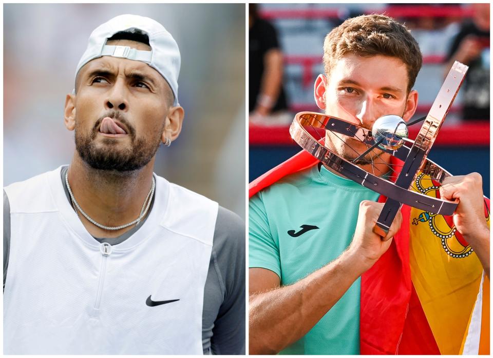 Nick Kyrgios en el Masters 1000 de Montreal y Pablo Carreño levantando el trofeo de campeón del torneo canadiense. (Foto: Jeff Chevrier / Icon Sportswire / Getty Images / David Kirouac / Icon Sportswire / Getty Images).