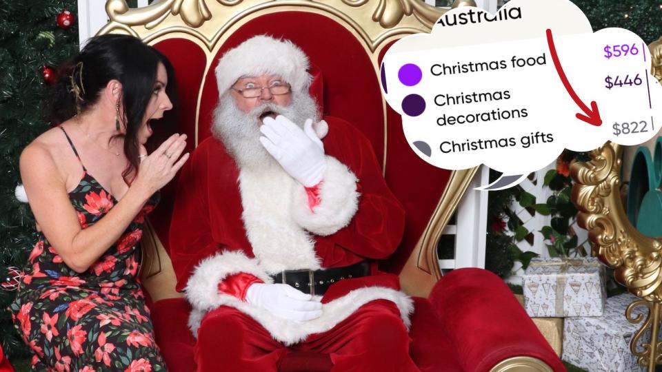 Compilation image of Nicole and Santas talking and a speech bubble with Christmas spending numbers