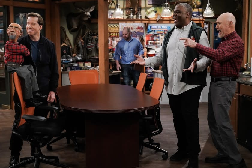 Last Man Standing -- Fox TV Series, LAST MAN STANDING: L-R: Guest star Jeff Dunham with his puppet, Walter, Jonathan Adams and Hector Elizondo in the "Meatless Mike" episode of LAST MAN STANDING airing Thursday, March 4 (9:30-10:00 PM ET/PT) on FOX. CR: Michael Becker/FOX. © 2021 FOX Media LLC. Jeff Dunham, left, Jonathan Adams and Hector Elizondo in "Last Man Standing" on Fox.