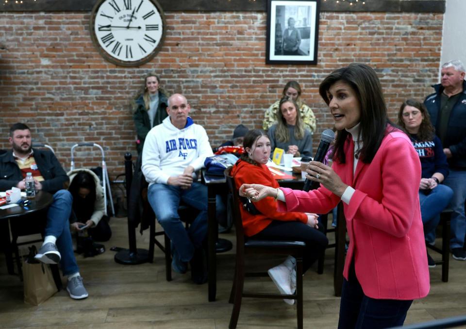 Republican presidential candidate and former U.N. Ambassador Nikki Haley speaks during a campaign stop at a restaurant on Jan. 15, 2024, in Pella, Iowa. <a href="https://www.gettyimages.com/detail/news-photo/republican-presidential-candidate-former-u-n-ambassador-news-photo/1935522708?adppopup=true" rel="nofollow noopener" target="_blank" data-ylk="slk:Joe Raedle/Getty Images;elm:context_link;itc:0;sec:content-canvas" class="link ">Joe Raedle/Getty Images</a>