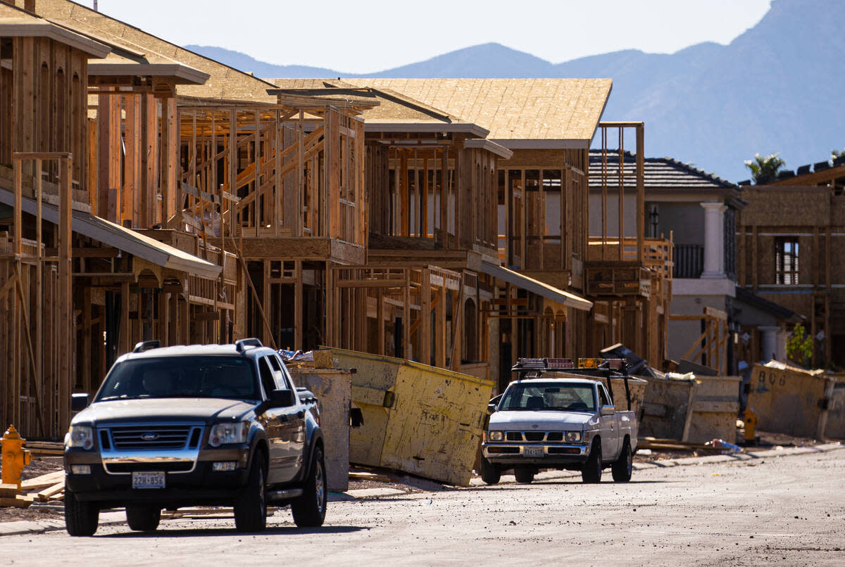 Homes are seen under construction near Wigwam Avenue and Rainbow Boulevard on Monday, Sept. 19, 2022, in Las Vegas. (Chase Stevens/Las Vegas Review-Journal) @csstevensphoto