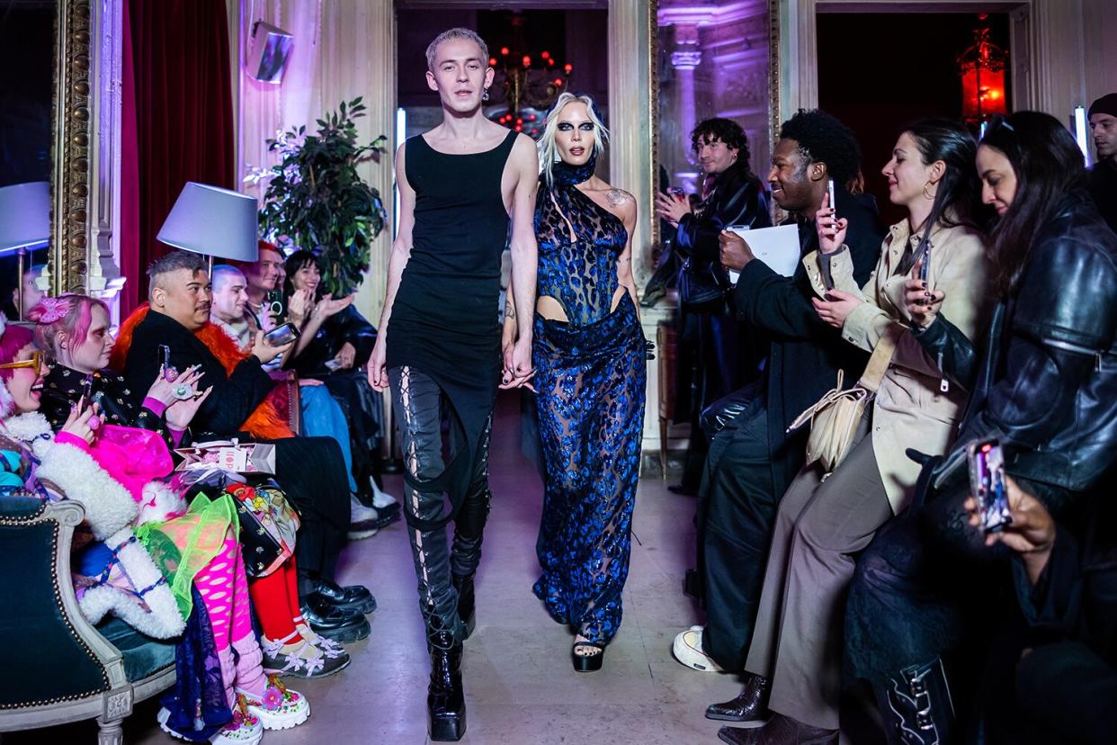 Designer Vincent Garnier Pressiat walks the runway with a model during the Pressiat Womenswear Fall Winter 2023-2024 presentation as part of Paris Fashion Week