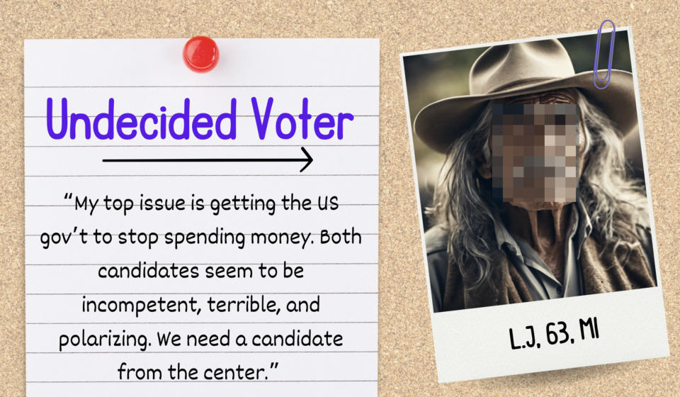 Person with a contemplative expression, next to a note reading "Undecided Voter" with views on government spending and candidate qualities