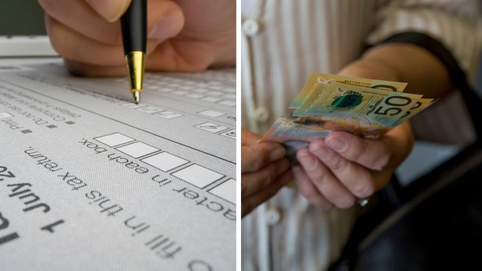 Tax form and woman holding money