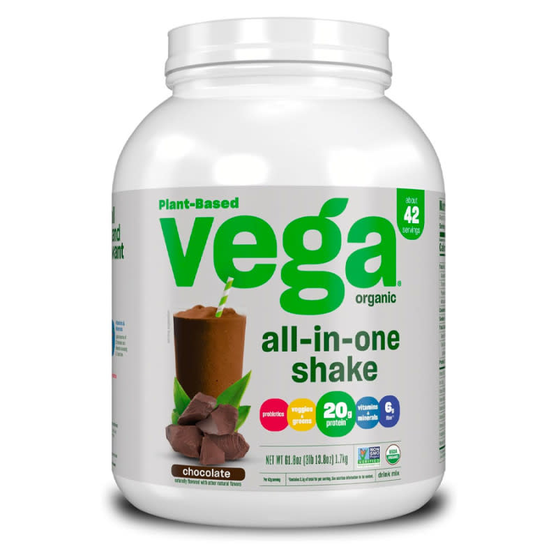 <p>Courtesy of Amazon</p><p>Want to up your protein intake but need to stay away from dairy (whey)? Then go with a 42-serving jug of Vega’s organic plant-based <a href="http://mensjournal.com/health-fitness/cleanest-protein-powders-to-buy-whey-and-plant-based-mens-journal" rel="nofollow noopener" target="_blank" data-ylk="slk:protein powder;elm:context_link;itc:0;sec:content-canvas" class="link ">protein powder</a> in delicious chocolate. Each scoop delivers 20 grams of vegan protein sourced from peas, sunflower seeds, and pumpkin seeds—a combo that contains all nine essential amino acids. This all-in-one shake is more than just protein, with over a dozen vitamins and minerals, heart-healthy fiber and omega-3 fats, and probiotics to promote a healthy gut.</p>