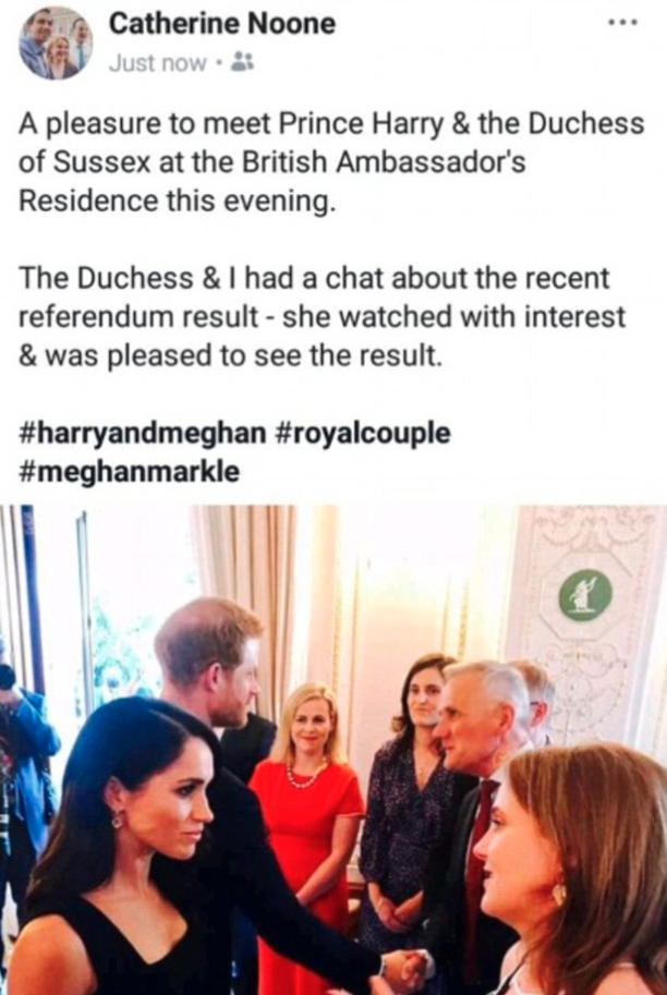 An Irish politician tweeted about her meeting with Meghan Markle, claiming she expressed support for the abortion referendum result in Ireland. Photo: Twitter/Senator Catherine Noone