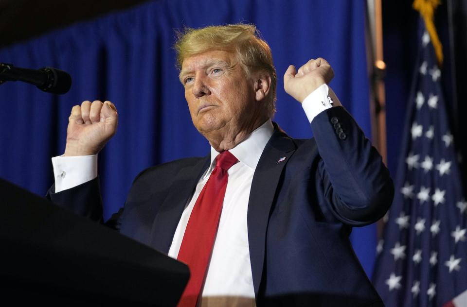 Former U.S. president Donald Trump at a campaign event in Manchester, N.H on April 27, 2023. (AP Photo/Charles Krupa)