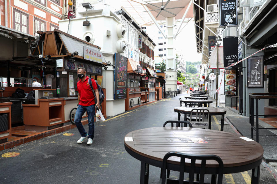 Empty tables and closed restaurants seen in Chinatown, Singapore. 