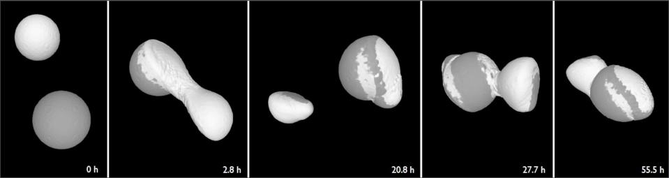 Comet 67P's rubber-ducky shape could have formed after slow-moving particles bonded following a devastating collision. <cite>University of Bern</cite>