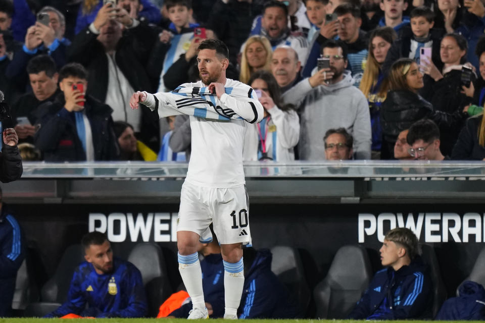 Argentina's Lionel Messi prepares to enter the field to play during a qualifying soccer match for the FIFA World Cup 2026 against Paraguay at the Monumental stadium in Buenos Aires, Argentina, Thursday, Oct. 12, 2023. (AP Photo/Natacha Pisarenko)