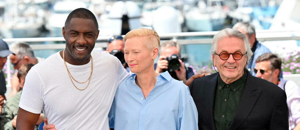 À Cannes, Idris Elba, Tidla Swinton et George Miller pour « Trois mille ans à t'attendre ».
