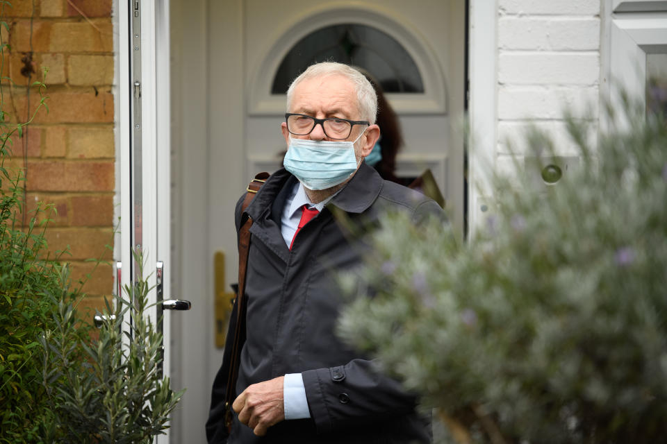 LONDON, ENGLAND - OCTOBER 29: Former Labour Party leader Jeremy Corbyn leaves his home on October 29, 2020 in London, England. The long-awaited report from the Equality and Human Rights Commission (EHRC) which was initiated in 2019 after Jewish groups alleged the party was institutionally antisemitic in its handling of complaints under the leadership of Jeremy Corbyn, is due to be published today. (Photo by Leon Neal/Getty Images)