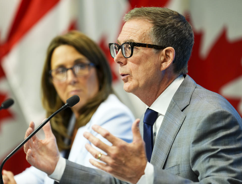 Bank of Canada Governor Tiff Macklem and Senior Deputy Governor Carolyn Rogers hold a press conference at the Bank of Canada in Ottawa on Wednesday, July 12, 2023. THE CANADIAN PRESS/Sean Kilpatrick