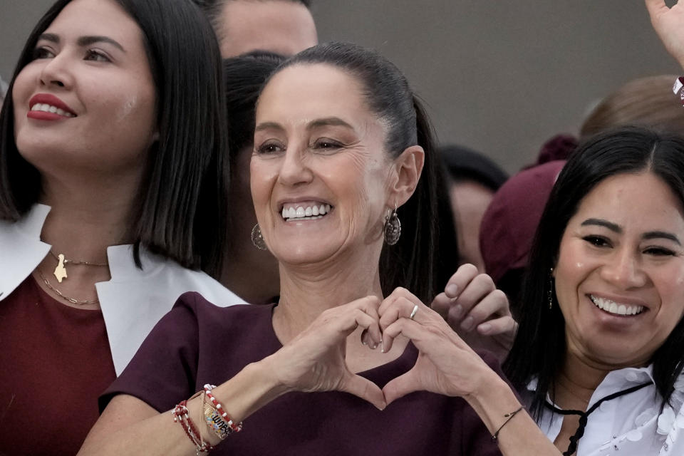 Presidential candidate Claudia Sheinbaum gestures during her closing campaign rally at the Zocalo in Mexico City, Wednesday, May 29, 2024. Mexico's general election is set for June 2. (AP Photo/Eduardo Verdugo)