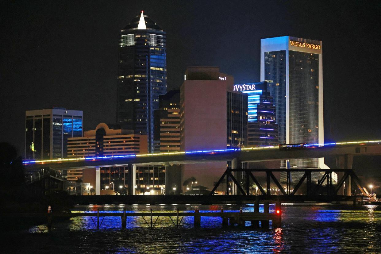 The Acosta Bridge's LED lighting system is illuminated with the colors of Ukraine's flag on Feb. 27, 2022, in support of the nation after Russia's invasion.