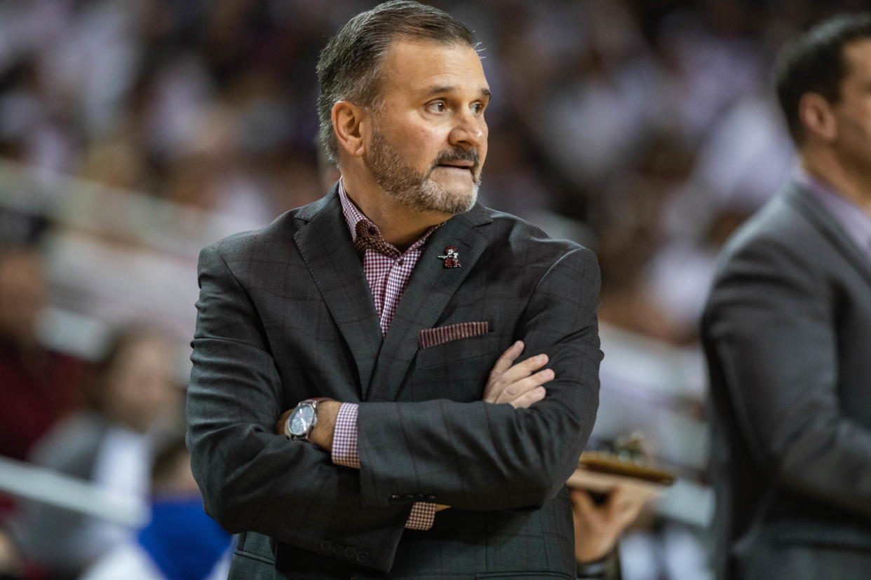 Head coach Chris Jans stands on the sidelines as the New Mexico State Aggies face off against the Grand Canyon Lopes at the Pan American Center in Las Cruces on Saturday, Jan. 29, 2022.