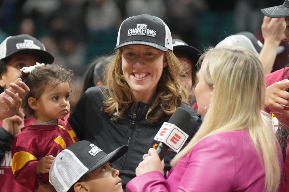 Mar 10, 2024; Las Vegas, NV, USA; Southern California Trojans head coach Lindsay Gottlieb is interviewed by ESPN reporter Holly Rowe after the Pac-12 Tournament women's championship game against the Stanford Cardinal at MGM Grand Garden Arena. Mandatory Credit: Kirby Lee-USA TODAY Sports