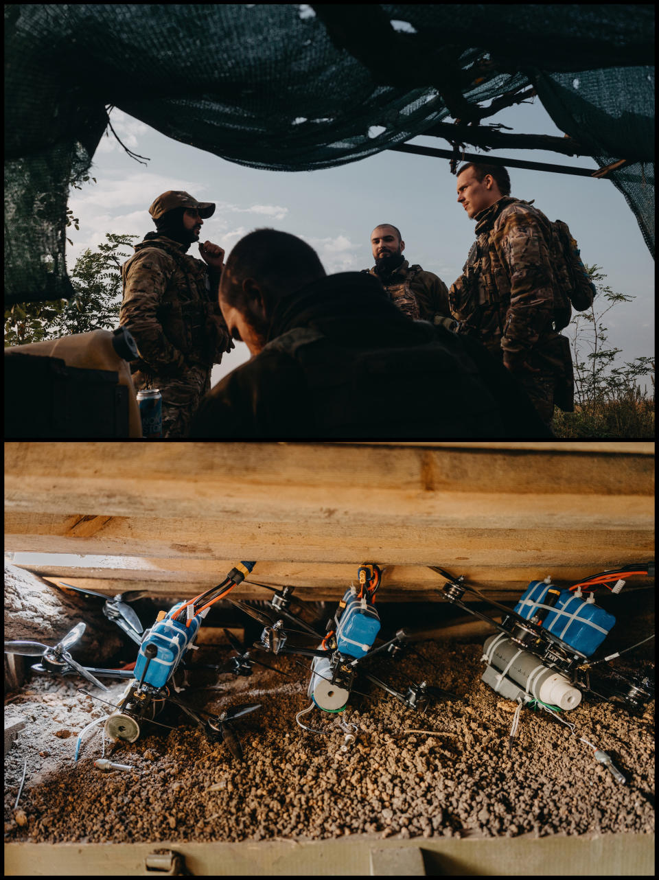 Soldiers from a drone unit of the 47th Brigade stand outside a forward bunker position and FPV drones ready to be used, on the southern front line near Robotyne Sept. 14. (Photo for The Washington Post by Wojciech Grzedzinski)