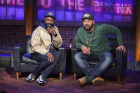 This image released by Showtime shows Desus Nice, left, and The Kid Mero from the late-night show "Desus & Mero." The pair are back at 11 p.m. EDT on Mondays and Thursdays, will host the show from their homes. (Greg Endries/Showime via AP)