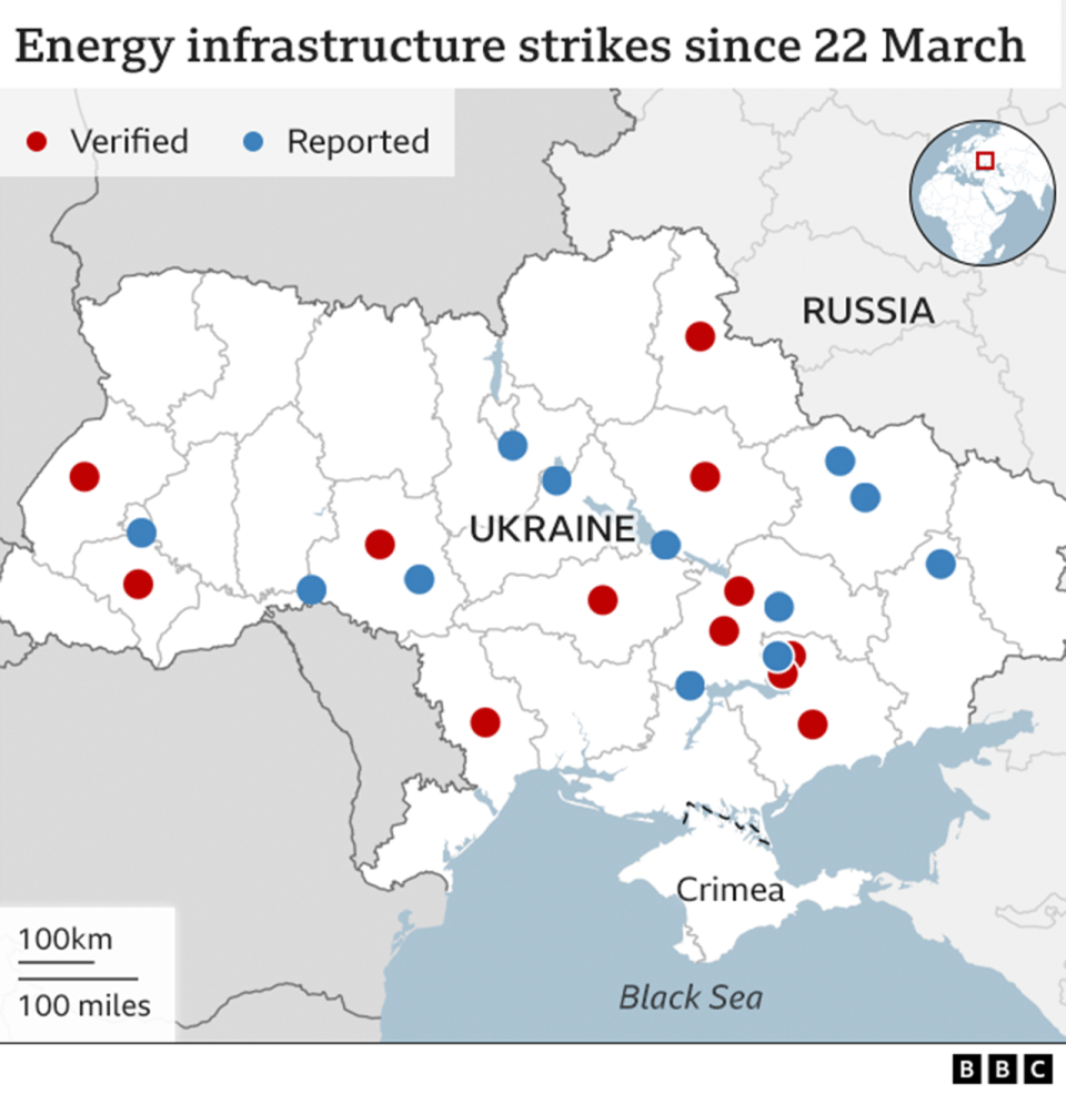 A map of the approximate locations of strikes on power plants, they are across Ukraine.