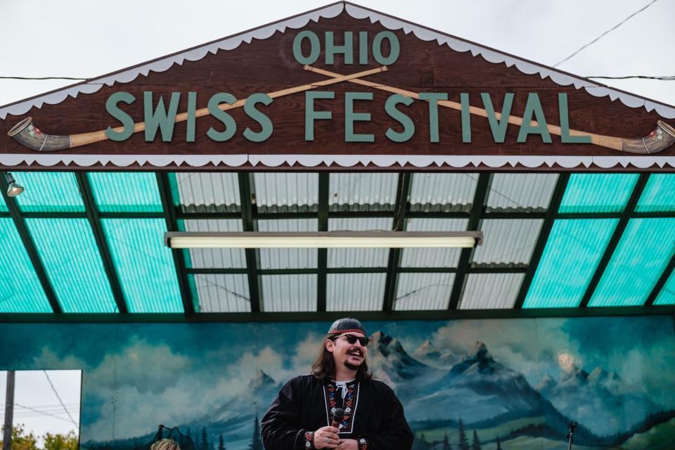 David Birch finishes his routine in the yodeling competition during a previous the Ohio Swiss Festival in Sugarcreek. David won the competition.