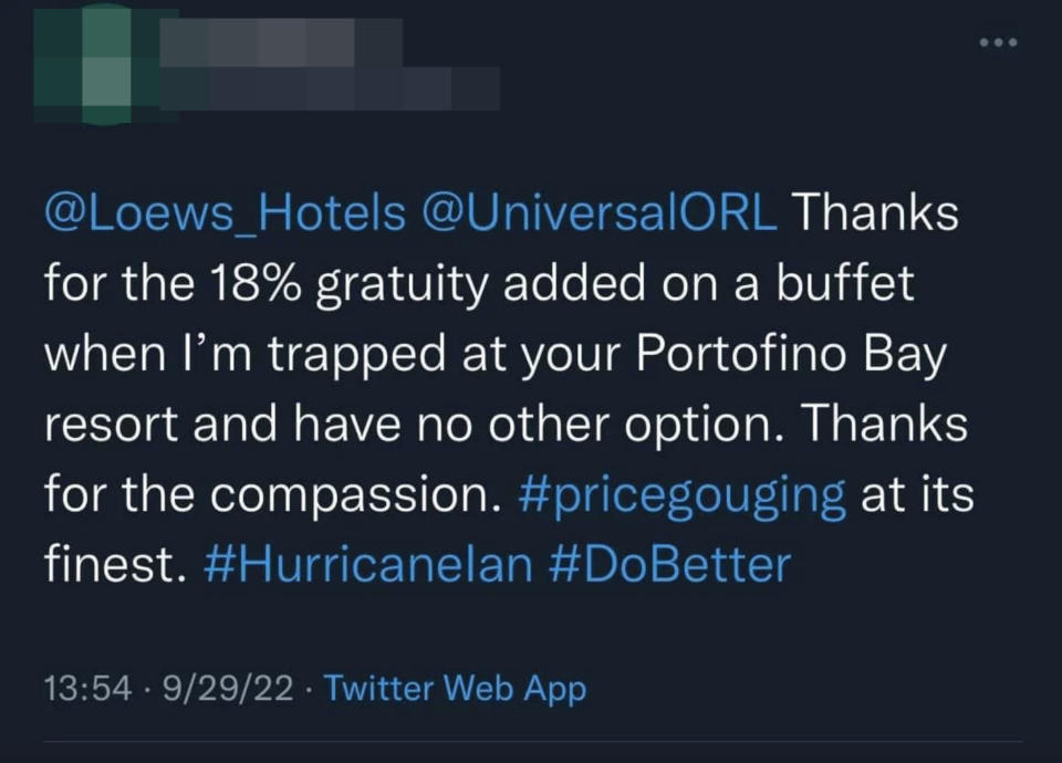Someone sarcastically thanks Universal for adding 18% gratuity to their bill while they can't leave during a hurricane and calls it "price gouging"