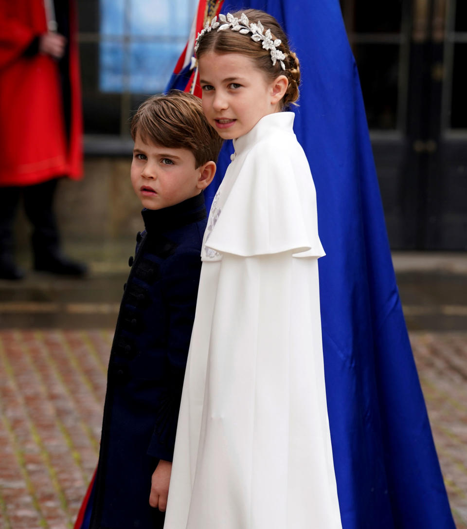 Princess Charlotte and Prince Louis arriving at Westminster Abbey.<span class="copyright">Andrew Milligan—PA Wire/AP</span>