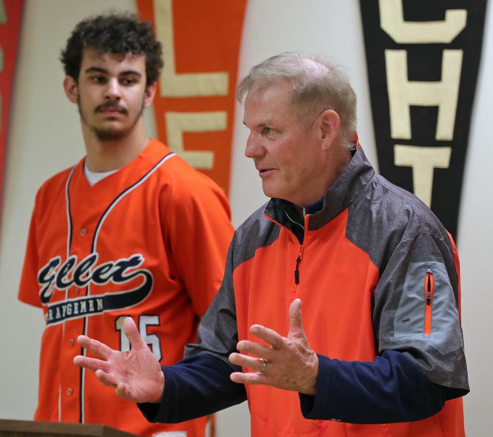 Ellet baseball coach John Sarver speaks about the upcoming season during the City Series baseball and softball media day on March 22, 2022, in Akron.