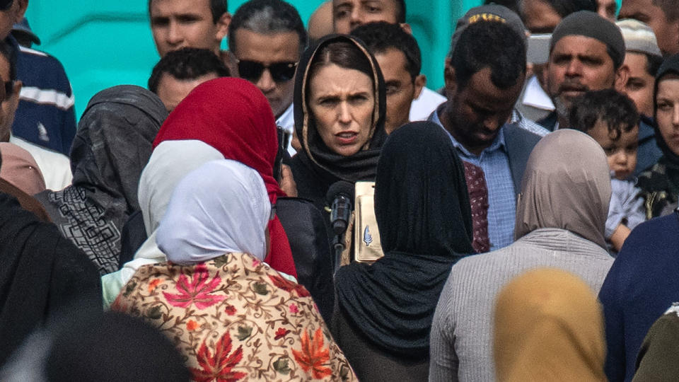 Jacinda Ardern (centre) attended the call to prayer on Friday. Pic: Getty