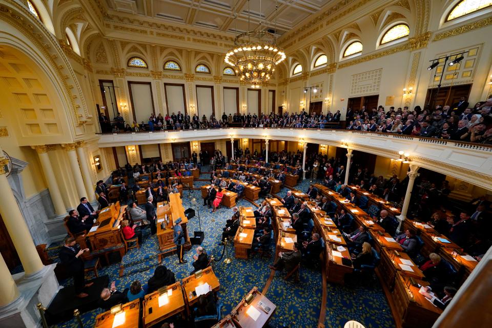 Gov. Phil Murphy delivers the budget address in the assembly chambers of the New Jersey Statehouse on Tuesday, Feb. 28, 2023.