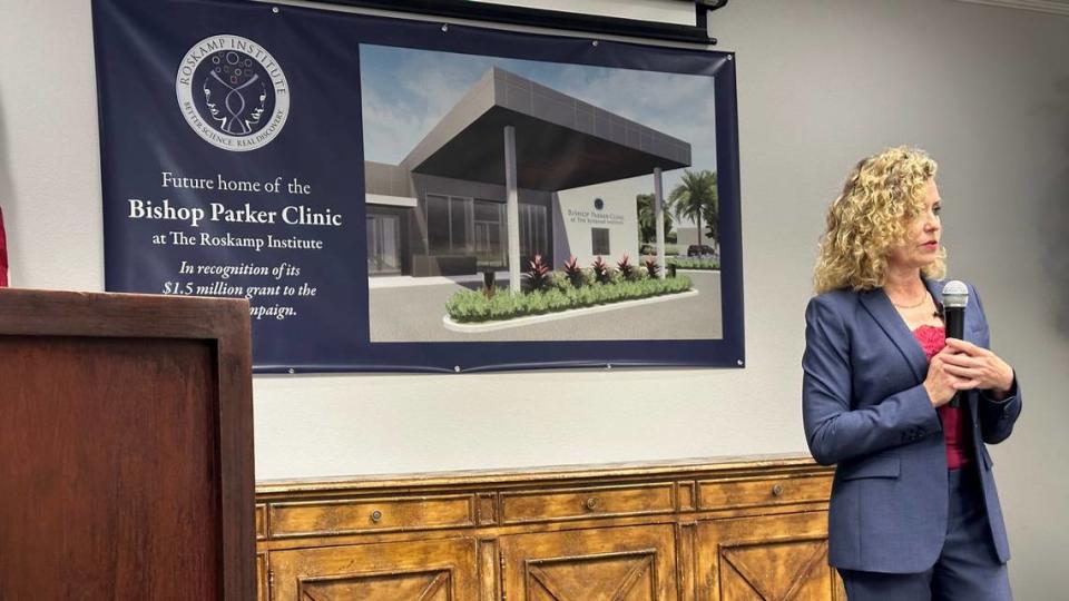 Dr. Fiona Crawford, president and CEO of Roskamp Institute, outlined plans Wednesday for an Alzheimer’s infusion clinic and building expansion. James A. Jones Jr./jajones1@bradenton.com