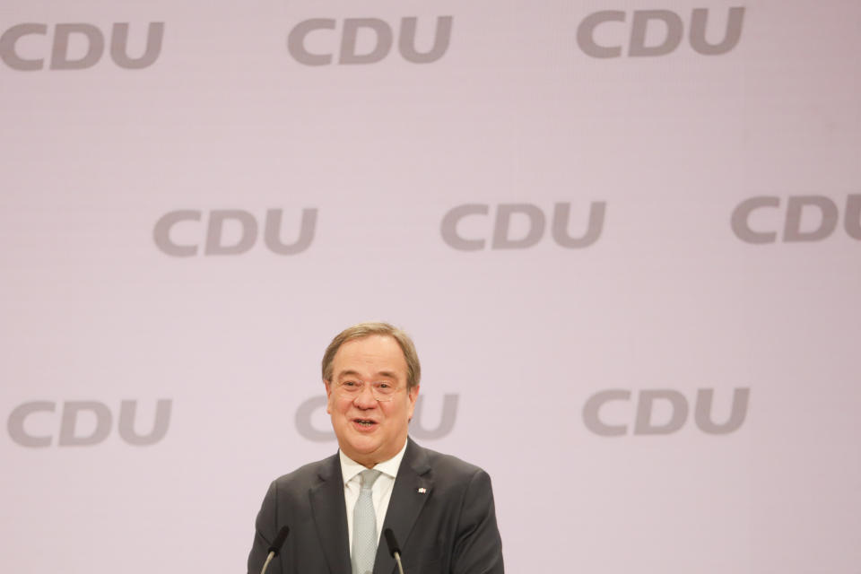The new elected Christian Democratic Union, CDU, party chairman Armin Laschet speaks after the voting at a digital party convention in Meisnen, Germany, Saturday, Jan. 16, 2021. The party of German Chancellor Angela Merkel decided on a successor for the outgoing chairwoman Annegret Kramp-Karrenbauer at the convention. (AP Photo/Markus Schreiber)