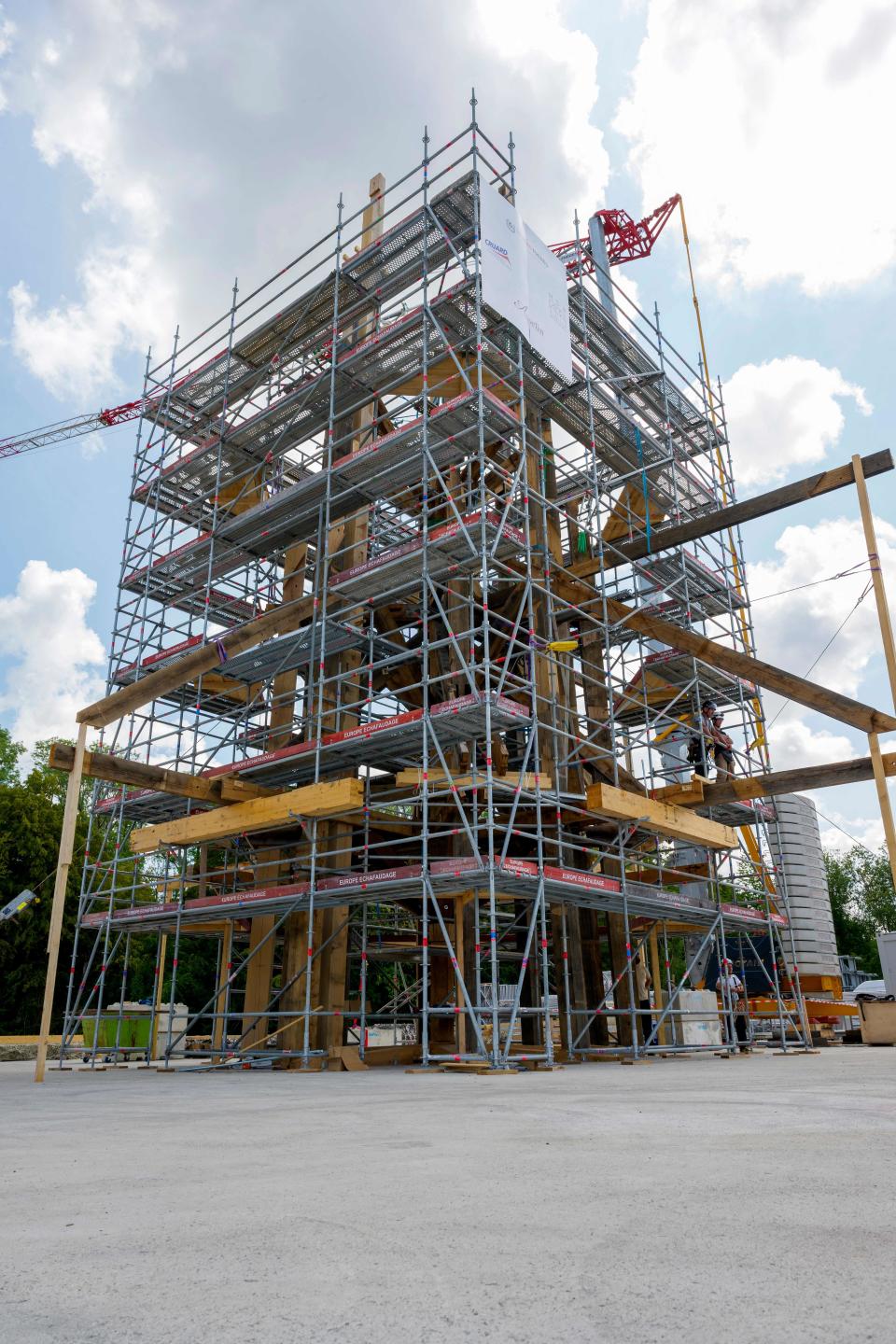 This photograph taken on July 20, 2023, shows the blank assembly of the new spire of the Notre-Dame de Paris cathedral in Briey, eastern France. This spire is being reconstructed to be identical to the original one, as after the fire of April 15, 2019, Notre-Dame is set to be reopened at the end of 2024 according to the French Minsitry of Culture. / Credit: JEAN-CHRISTOPHE VERHAEGEN/AFP via Getty Images