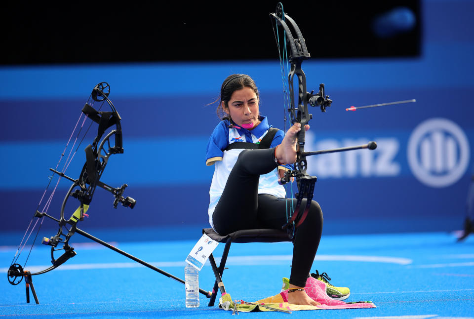 PARIS, FRANCE - AUGUST 31: Sheetal Devi of Team India competes against Mariana Zuniga of Team Chile (not pictured) during the Women's Individual Compound Open 1/8 Elimination Match 49 on day three of the Paris 2024 Summer Paralympic Games at Esplanade Des Invalides on August 31, 2024 in Paris, France. (Photo by Alex Slitz/Getty Images)