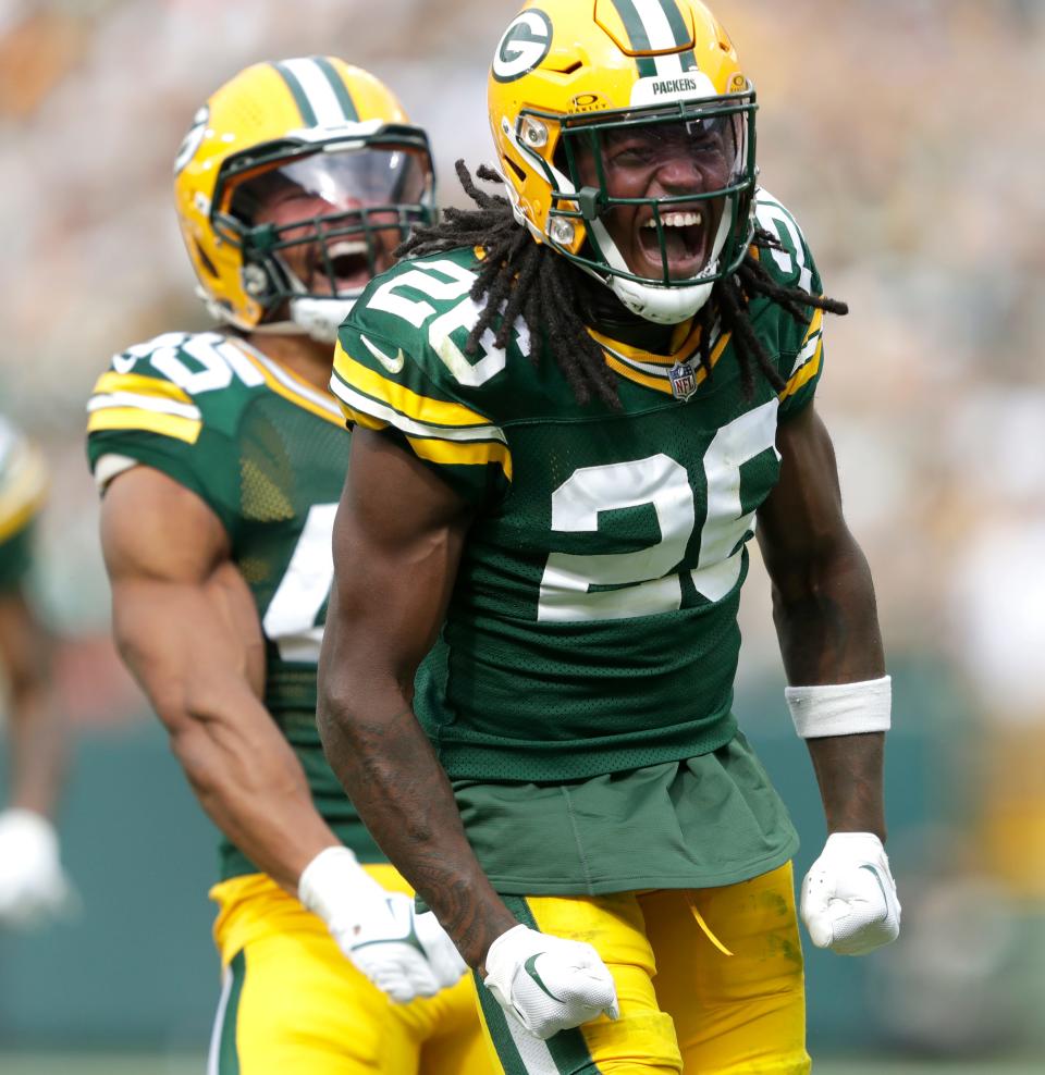 Green Bay Packers safety <a class="link " href="https://sports.yahoo.com/nfl/players/31853" data-i13n="sec:content-canvas;subsec:anchor_text;elm:context_link" data-ylk="slk:Darnell Savage;sec:content-canvas;subsec:anchor_text;elm:context_link;itc:0">Darnell Savage</a> (26) celebrates after making a special teams tackle on a kick off return by the New Orleans Saints during their football game Sunday, September 24, 2023, at Lambeau Field in Green Bay, Wis.