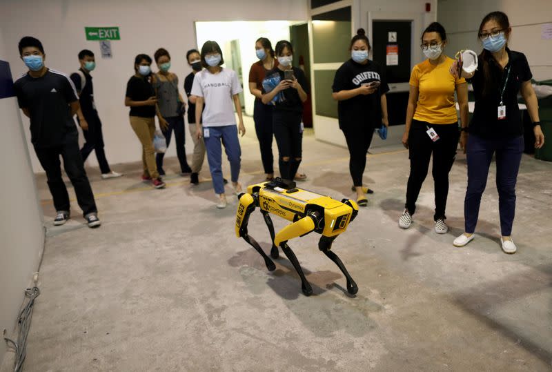 A robot developed by Boston Dynamics undergoes further testing to deliver medicine to patients, during the coronavirus outbreak in Singapore