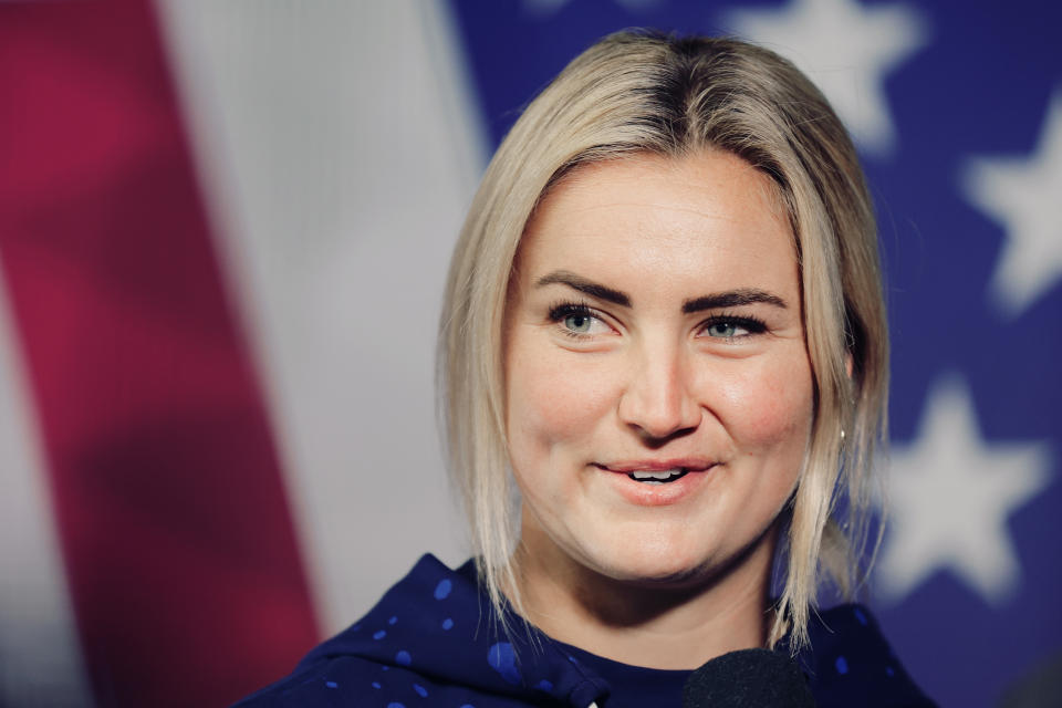 AUCKLAND, NEW ZEALAND - AUGUST 03: Lindsey Horan #10 of the United States speaks during a press conference on August 03, 2023 in Auckland, New Zealand. (Photo by Carmen Mandato/USSF/Getty Images)
