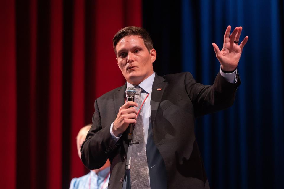 Utah Congressional District 2 representative candidate Scott Hatfield speaks during the first Congressional District 2 debate at Woods Cross High School in Woods Cross on June 20, 2023. | Ryan Sun, Deseret News